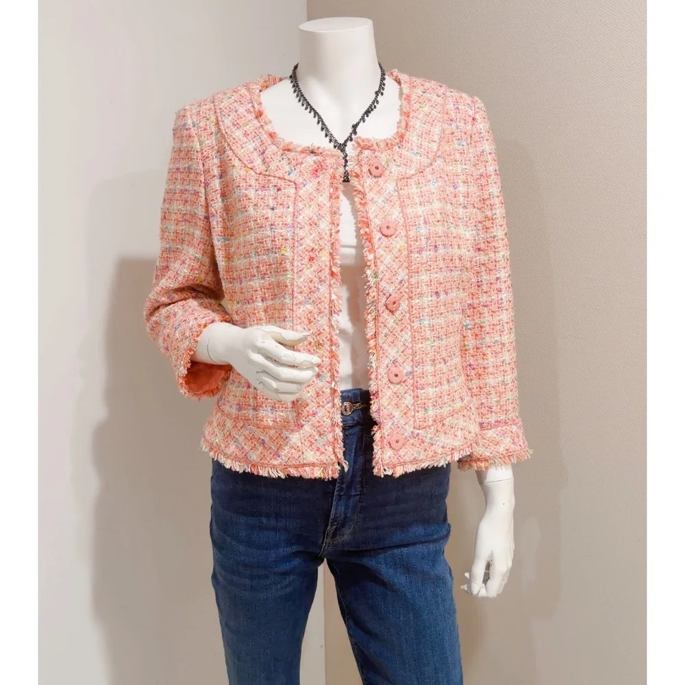 Ice Women's Pink Multi Fringe Silk Blend Tweed Short Blazer Jacket Size 8 - Picture 3 of 9